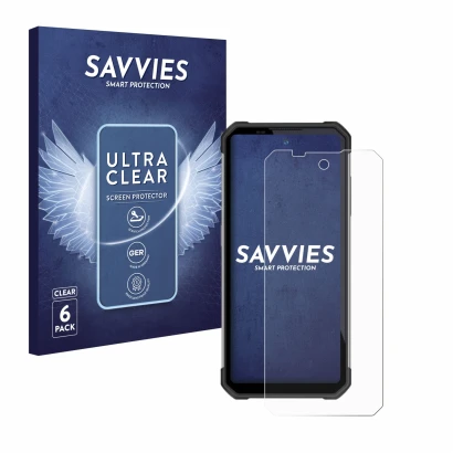 Face avant d’un emballage produit avec le logo de la marque Savvies. À côté, l’appareil Oukitel WP17 est représenté avec la pr