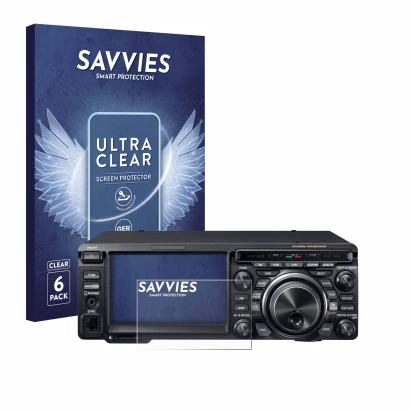 Face avant d’un emballage produit avec le logo de la marque Savvies. À côté, l’appareil Yaesu FT-DX10 est représenté avec la p