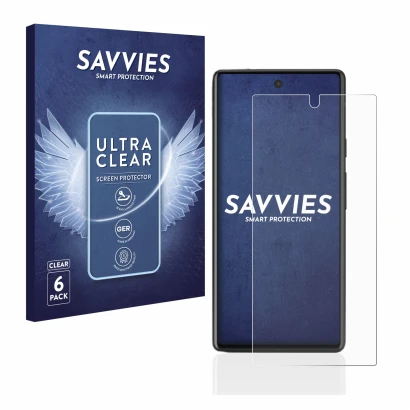 Face avant d’un emballage produit avec le logo de la marque Savvies. À côté, l’appareil Google Pixel 6a est représenté avec la