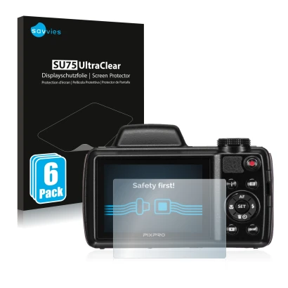 Face avant d’un emballage produit avec le logo de la marque Savvies. À côté, l’appareil Kodak Pixpro AZ525 est représenté avec