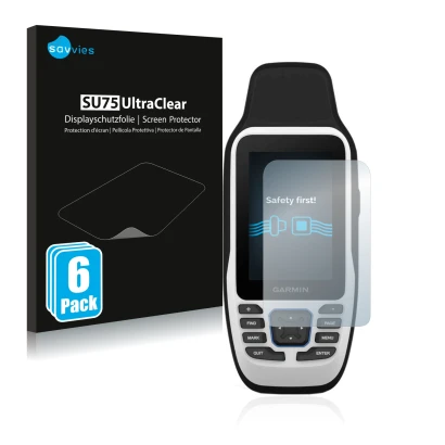 Face avant d’un emballage produit avec le logo de la marque Savvies. À côté, l’appareil Garmin GPSMAP 79s est représenté avec 