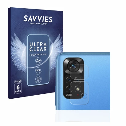 Face avant d’un emballage produit avec le logo de la marque Savvies. À côté, l’appareil Xiaomi Redmi Note 11 (Caméra UNIQUEMEN