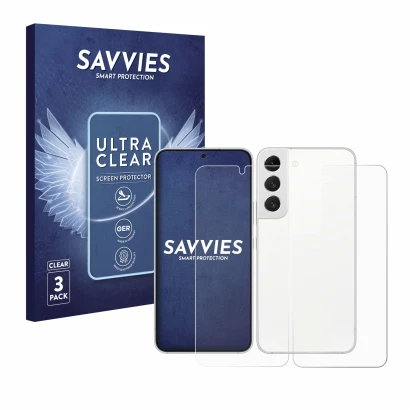 Face avant d’un emballage produit avec le logo de la marque Savvies. À côté, l’appareil Samsung Galaxy S22 5G (Avant+Arrière) 