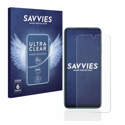 Face avant d’un emballage produit avec le logo de la marque Savvies. À côté, l’appareil Xiaomi Redmi 10 (2022) est représenté 