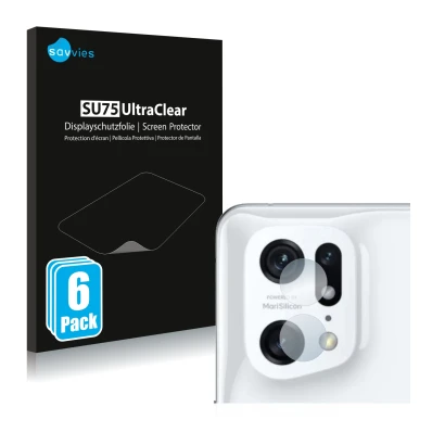 Face avant d’un emballage produit avec le logo de la marque Savvies. À côté, l’appareil Oppo Find X5 Pro (Caméra UNIQUEMENT) e