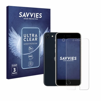 Face avant d’un emballage produit avec le logo de la marque Savvies. À côté, l’appareil Apple iPhone SE 3 2022 (Avant+Caméra) 