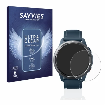 Face avant d’un emballage produit avec le logo de la marque Savvies. À côté, l’appareil Xiaomi Watch S1 Active est représenté 