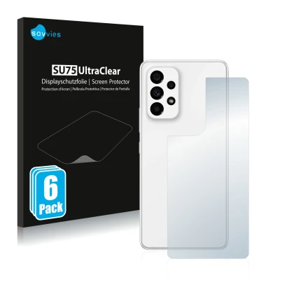 Face avant d’un emballage produit avec le logo de la marque Savvies. À côté, l’appareil Samsung Galaxy A53 5G (Arrière) est re