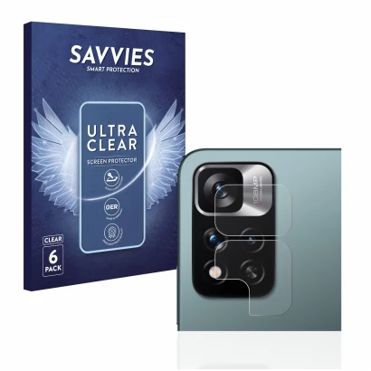 Face avant d’un emballage produit avec le logo de la marque Savvies. À côté, l’appareil Xiaomi Redmi Note 11 Pro+ 5G (Caméra U