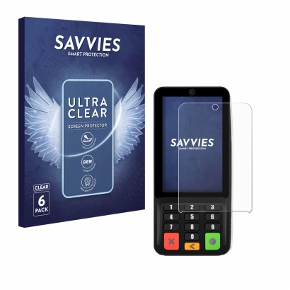 Face avant d’un emballage produit avec le logo de la marque Savvies. À côté, l’appareil Pax A35 est représenté avec la protect