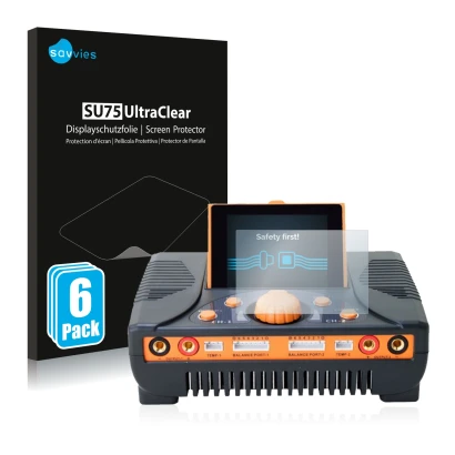 Face avant d’un emballage produit avec le logo de la marque Savvies. À côté, l’appareil Junsi iCharger 406 Duo est représenté 