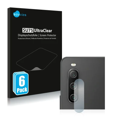 Face avant d’un emballage produit avec le logo de la marque Savvies. À côté, l’appareil Sony Xperia 10 IV (Caméra UNIQUEMENT) 