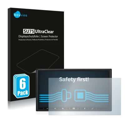 Face avant d’un emballage produit avec le logo de la marque Savvies. À côté, l’appareil Alpine iLX-W690D est représenté avec l