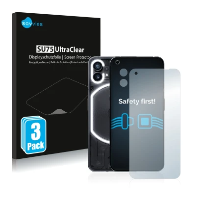 Face avant d’un emballage produit avec le logo de la marque Savvies. À côté, l’appareil Nothing Phone (1) (Avant+Caméra) est r