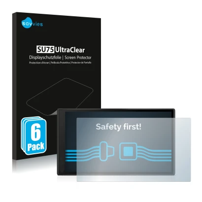 Face avant d’un emballage produit avec le logo de la marque Savvies. À côté, l’appareil Garmin DriveSmart 66 est représenté av