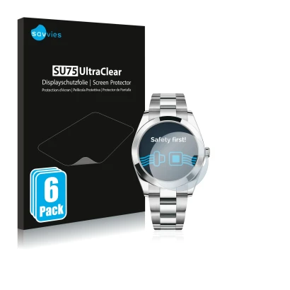 Face avant d’un emballage produit avec le logo de la marque Savvies. À côté, l’appareil Rolex Datejust 41 est représenté avec 