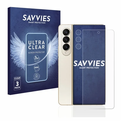 Face avant d’un emballage produit avec le logo de la marque Savvies. À côté, l’appareil Samsung Galaxy Z Fold 4 (Avant+Caméra)