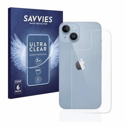 Face avant d’un emballage produit avec le logo de la marque Savvies. À côté, l’appareil Apple iPhone 14 (Arrière) est représen
