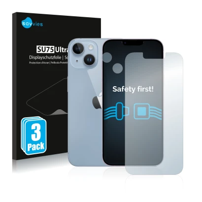 Face avant d’un emballage produit avec le logo de la marque Savvies. À côté, l’appareil Apple iPhone 14 (Avant+Caméra) est rep