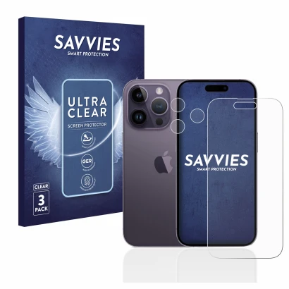 Face avant d’un emballage produit avec le logo de la marque Savvies. À côté, l’appareil Apple iPhone 14 Pro (Avant+Caméra) est