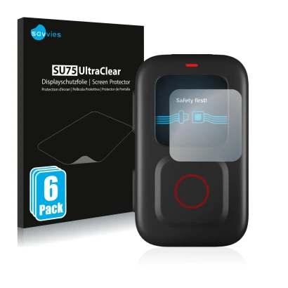 Face avant d’un emballage produit avec le logo de la marque Savvies. À côté, l’appareil GoPro Remote est représenté avec la pr