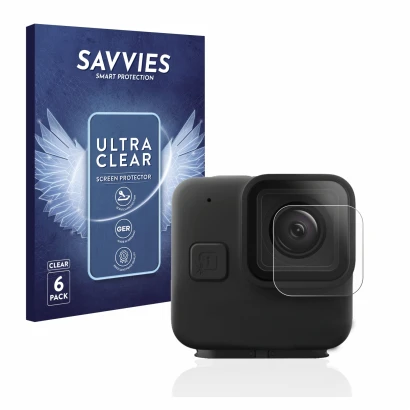 Face avant d’un emballage produit avec le logo de la marque Savvies. À côté, l’appareil GoPro Hero 11 mini Lentille (Caisse) e