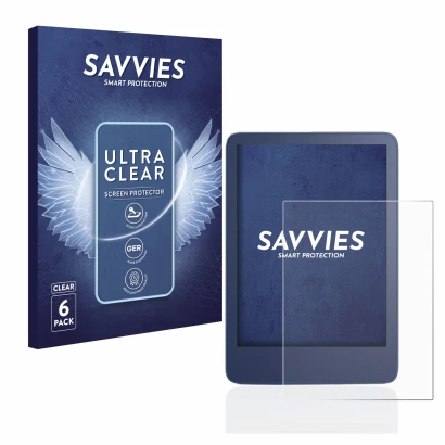Face avant d’un emballage produit avec le logo de la marque Savvies. À côté, l’appareil Amazon Kindle Reader 2022 est représen