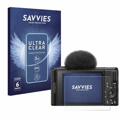 Face avant d’un emballage produit avec le logo de la marque Savvies. À côté, l’appareil Sony ZV-1F est représenté avec la prot