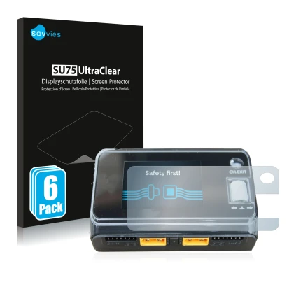 Face avant d’un emballage produit avec le logo de la marque Savvies. À côté, l’appareil ToolkitRC M6D Dual Charger est représe