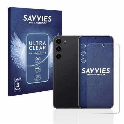 Face avant d’un emballage produit avec le logo de la marque Savvies. À côté, l’appareil Samsung Galaxy S23 Plus (Avant+Caméra)