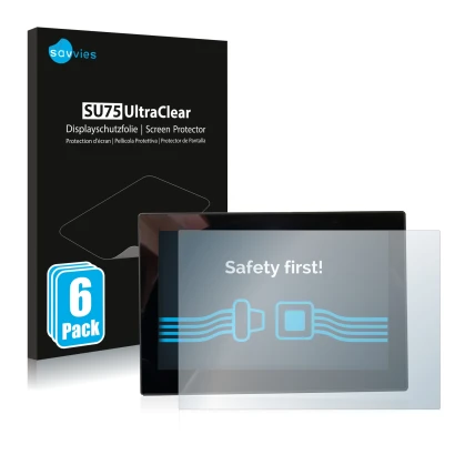 Face avant d’un emballage produit avec le logo de la marque Savvies. À côté, l’appareil MG 4 7-Zoll Digitales Instrumentendisp