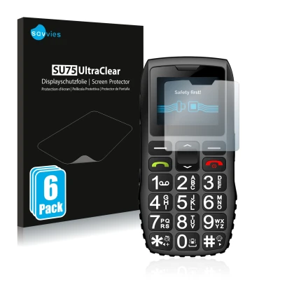 Face avant d’un emballage produit avec le logo de la marque Savvies. À côté, l’appareil artfone C1 Plus est représenté avec la