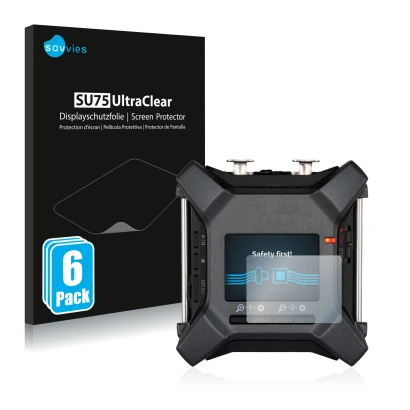 Face avant d’un emballage produit avec le logo de la marque Savvies. À côté, l’appareil Zoom F3 field recorder est représenté 