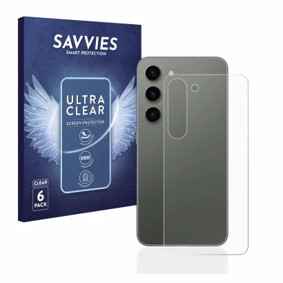 Face avant d’un emballage produit avec le logo de la marque Savvies. À côté, l’appareil Samsung Galaxy S23 (Arrière) est repré