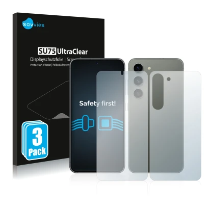 Face avant d’un emballage produit avec le logo de la marque Savvies. À côté, l’appareil Samsung Galaxy S23 Plus (Avant+Arrière