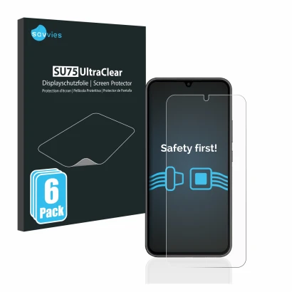 Face avant d’un emballage produit avec le logo de la marque Savvies. À côté, l’appareil Samsung Galaxy A34 5G est représenté a