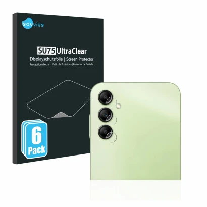 Face avant d’un emballage produit avec le logo de la marque Savvies. À côté, l’appareil Samsung Galaxy A14 4G (Caméra UNIQUEME