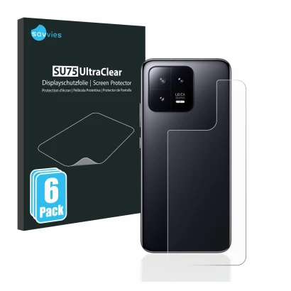 Face avant d’un emballage produit avec le logo de la marque Savvies. À côté, l’appareil Xiaomi 13 (Arrière) est représenté ave