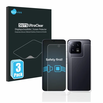 Face avant d’un emballage produit avec le logo de la marque Savvies. À côté, l’appareil Xiaomi 13 (Avant+Arrière) est représen