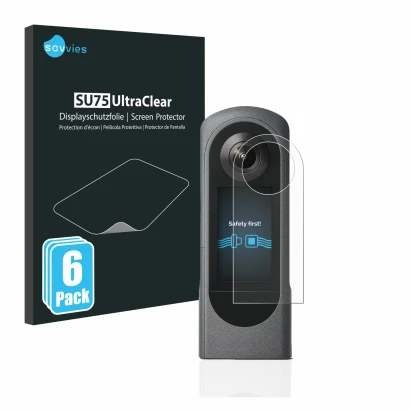 Face avant d’un emballage produit avec le logo de la marque Savvies. À côté, l’appareil Ricoh Theta X est représenté avec la p