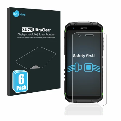 Face avant d’un emballage produit avec le logo de la marque Savvies. À côté, l’appareil Doogee S41 Pro est représenté avec la 