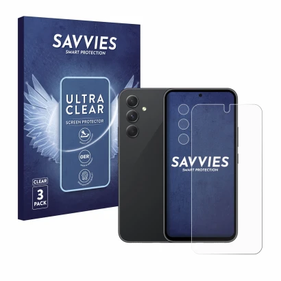 Face avant d’un emballage produit avec le logo de la marque Savvies. À côté, l’appareil Samsung Galaxy A54 5G (Avant+Caméra) e