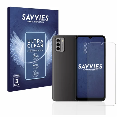 Face avant d’un emballage produit avec le logo de la marque Savvies. À côté, l’appareil Nokia G22 (Avant+Caméra) est représent