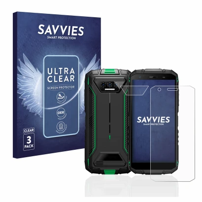 Face avant d’un emballage produit avec le logo de la marque Savvies. À côté, l’appareil Doogee S41 Pro (Avant+Caméra) est repr