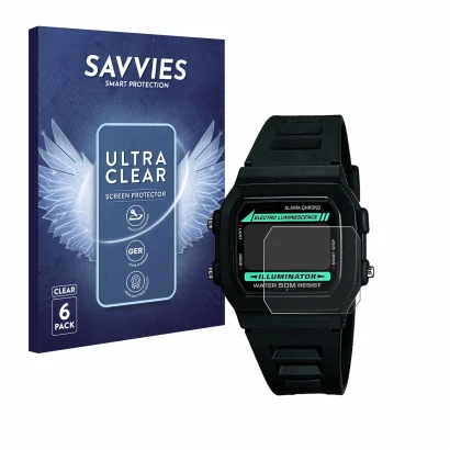 Face avant d’un emballage produit avec le logo de la marque Savvies. À côté, l’appareil Casio W-86-1VQES est représenté avec l