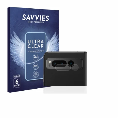 Face avant d’un emballage produit avec le logo de la marque Savvies. À côté, l’appareil Google Pixel Fold (Caméra UNIQUEMENT) 