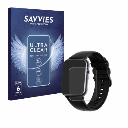 Face avant d’un emballage produit avec le logo de la marque Savvies. À côté, l’appareil Mutoy Smartwatch 1.69" est représenté 