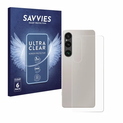 Face avant d’un emballage produit avec le logo de la marque Savvies. À côté, l’appareil Sony Xperia 1 V (Arrière) est représen