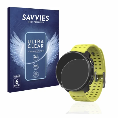 Face avant d’un emballage produit avec le logo de la marque Savvies. À côté, l’appareil Suunto Vertical est représenté avec la