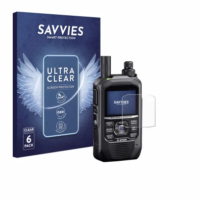 Face avant d’un emballage produit avec le logo de la marque Savvies. À côté, l’appareil Icom ID-50E est représenté avec la pro